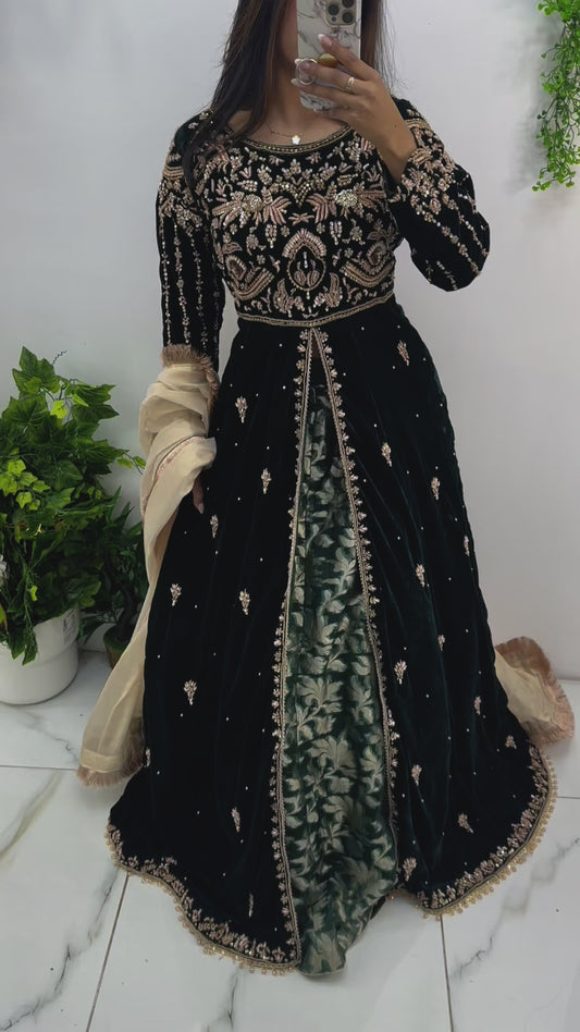 Green velvet semi bridal maxi lehenga