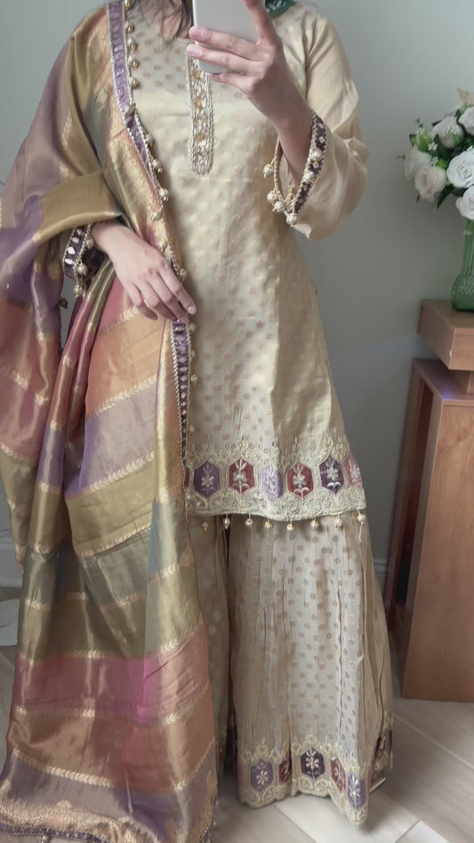 Beige gold Banarasi gharara suit