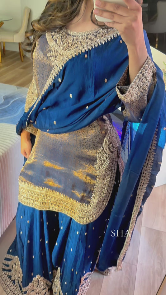 Deep royal blue Banarasi fancy wide leg suit