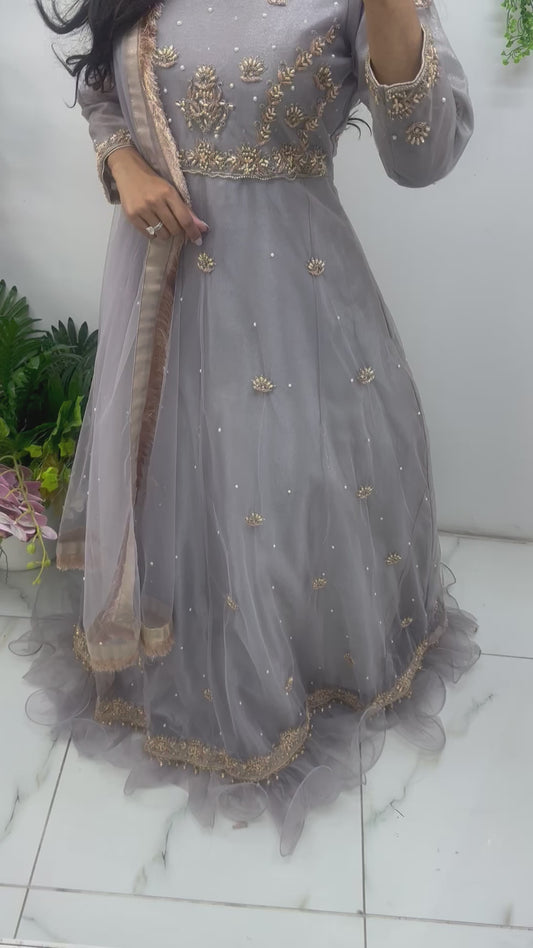 Pastel grey hand work maxi set
