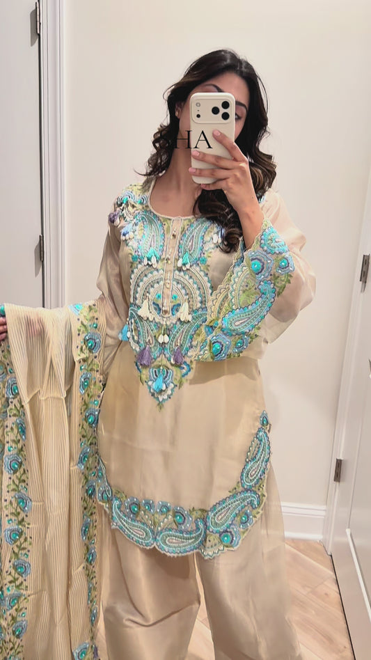 Gold & sky blue silk tissue farshi salwar suit