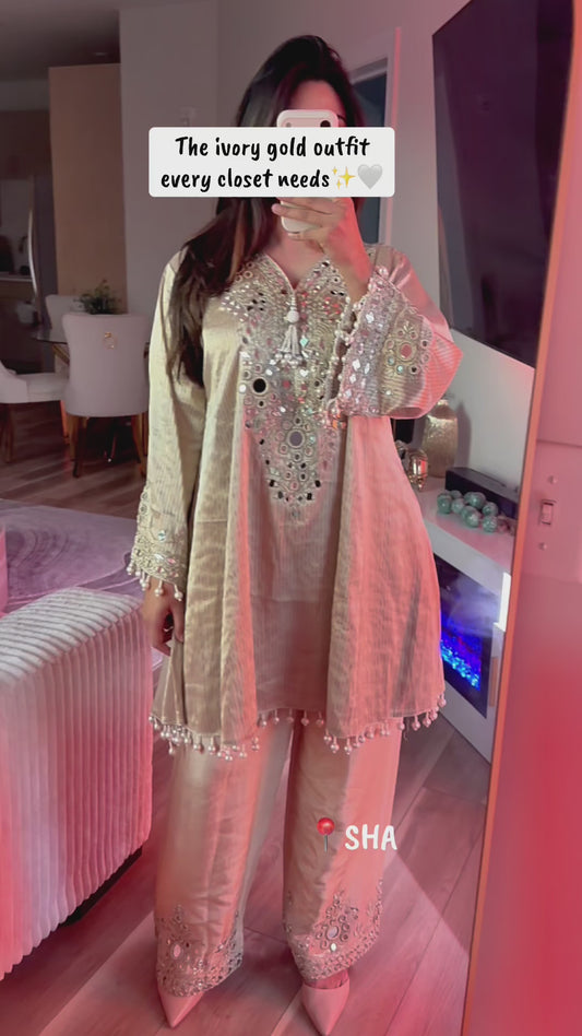 Ivory gold hand work mirror farshi suit