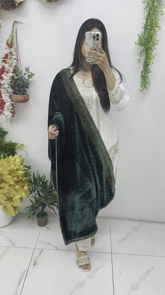Emerald green stones velvet shawl