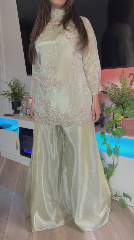 Sage green short kameez suit