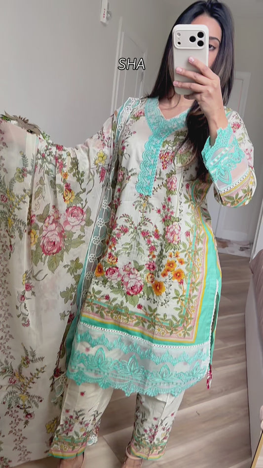 Mint print print lawn embroidered suit with chiffon duppata
