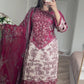 Burgundy print lawn embroidered suit with chiffon duppata