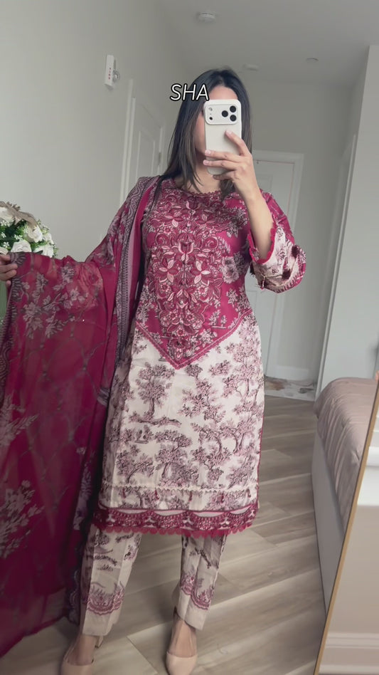 Burgundy print lawn embroidered suit with chiffon duppata