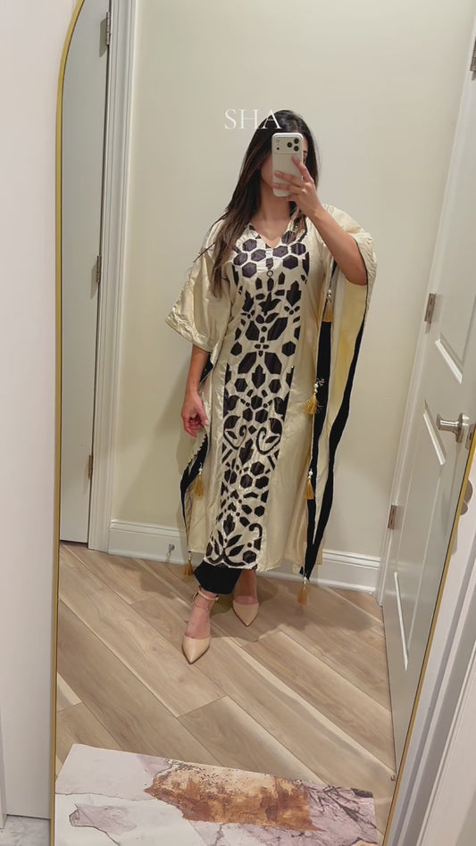Velvet ivory black kaftan with gold work