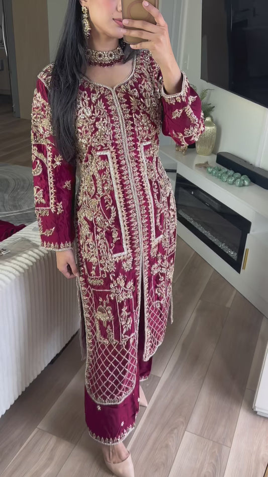 Maroon silk hand work suit