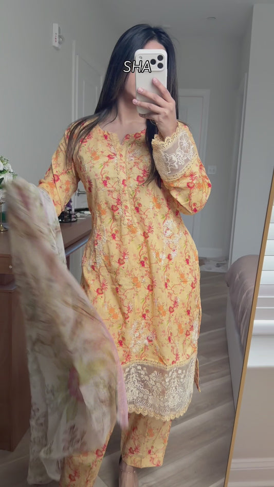 Orange print lawn embroidered suit with chiffon duppata