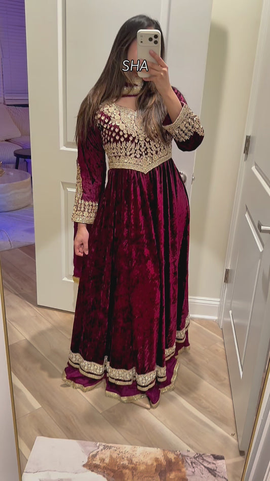 Plum velvet stone work maxi suit