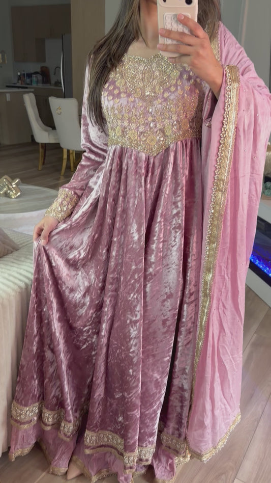 Pink velvet stone work gown