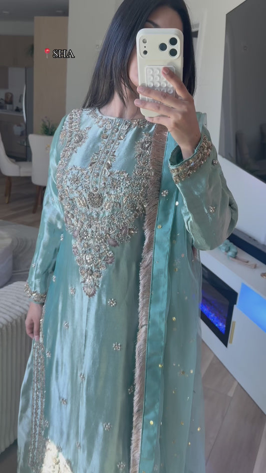 Metallic blue pakistani hand work suit