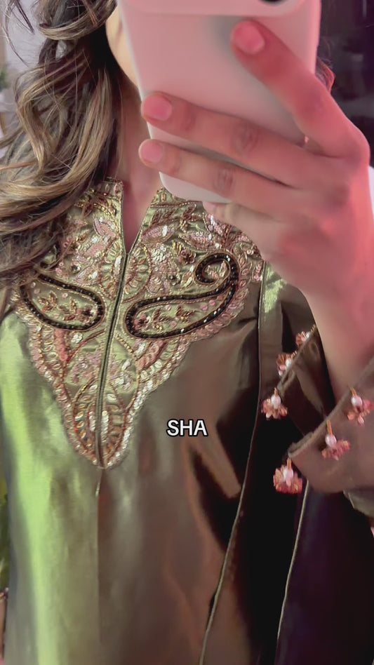 Shimmery olive green & black three piece suit