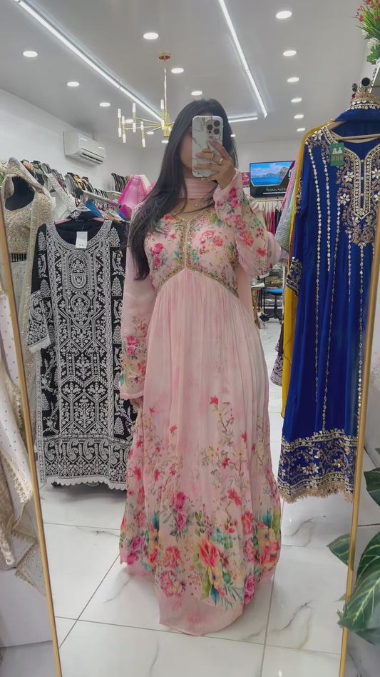 Baby pink alia cut maxi with mirror work
