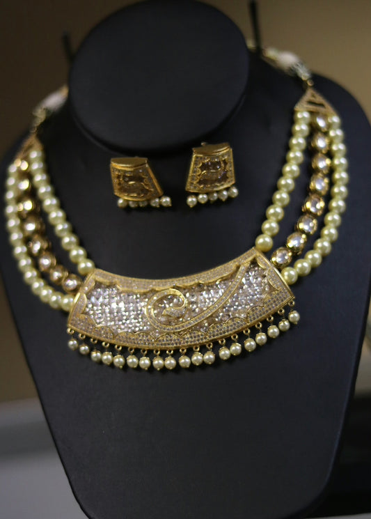 Gold plated kundan stone necklace set - Selina Habibti Attire