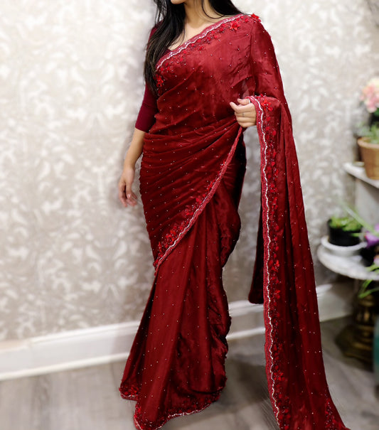 Burgundy silk party saree