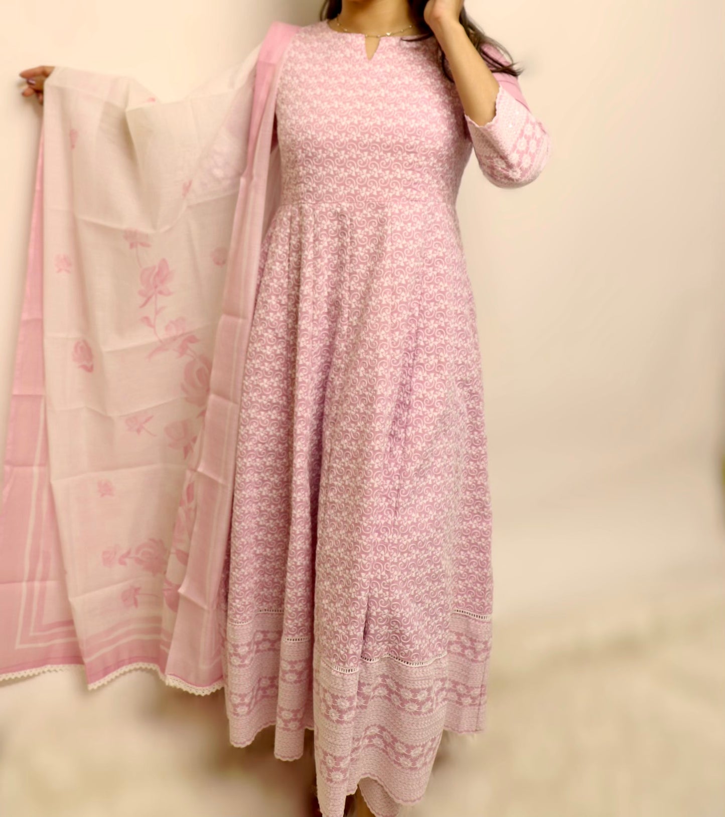 Light Lavender cotton chikankari gown set