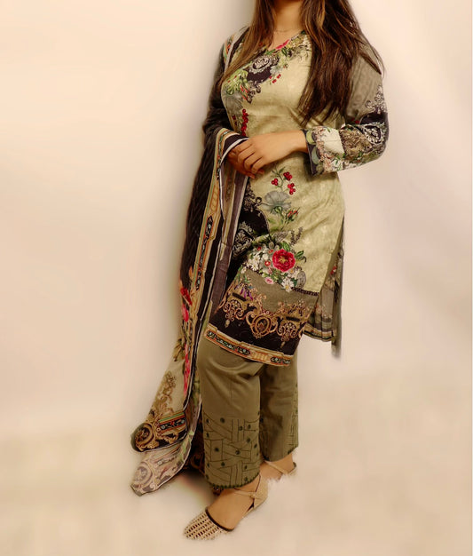 Olive green and black embroidered lawn suit