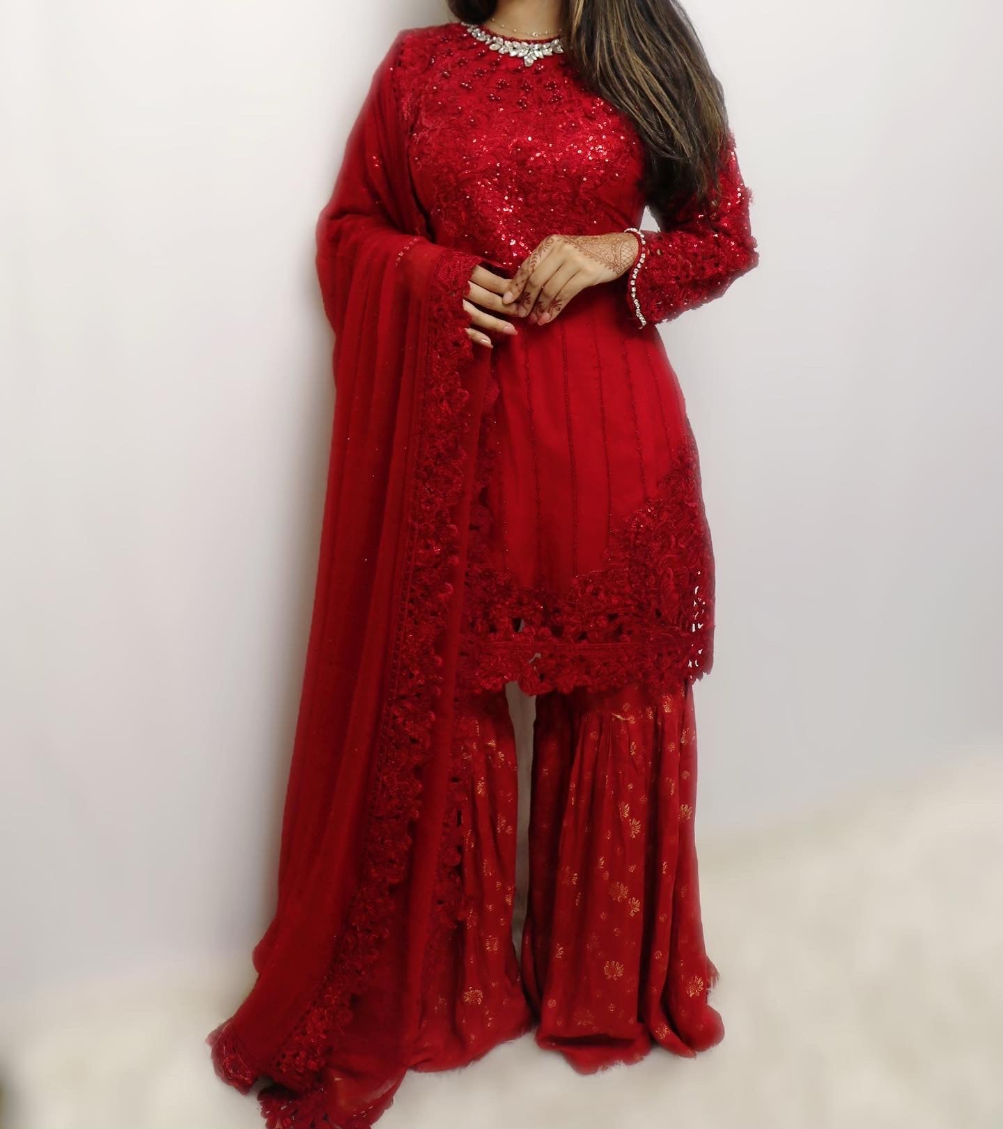 Buy Red Silk Embroidered Wedding Sharara Suit for Bride Online - SALA2182 |  Appelle Fashion