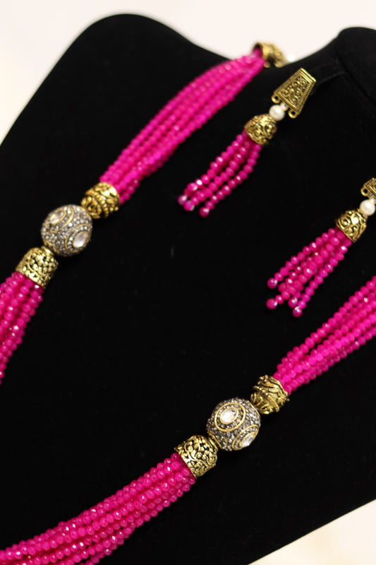 Hot pink beaded long necklace