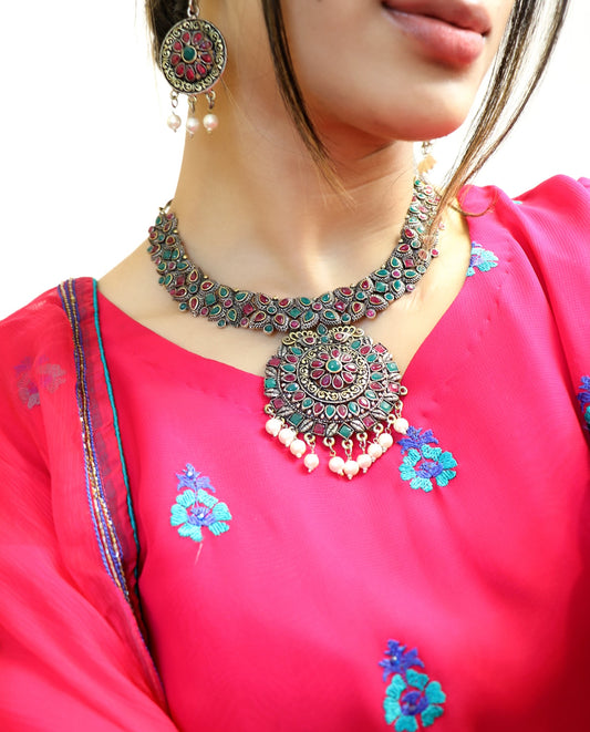 Oxidized multi color necklace set