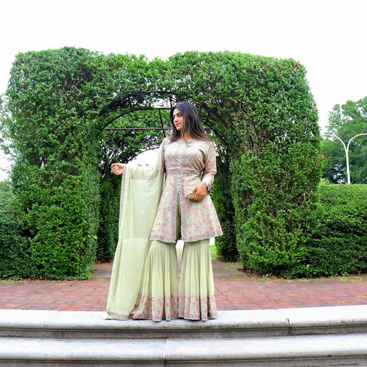 Mint green and pink sharara suit