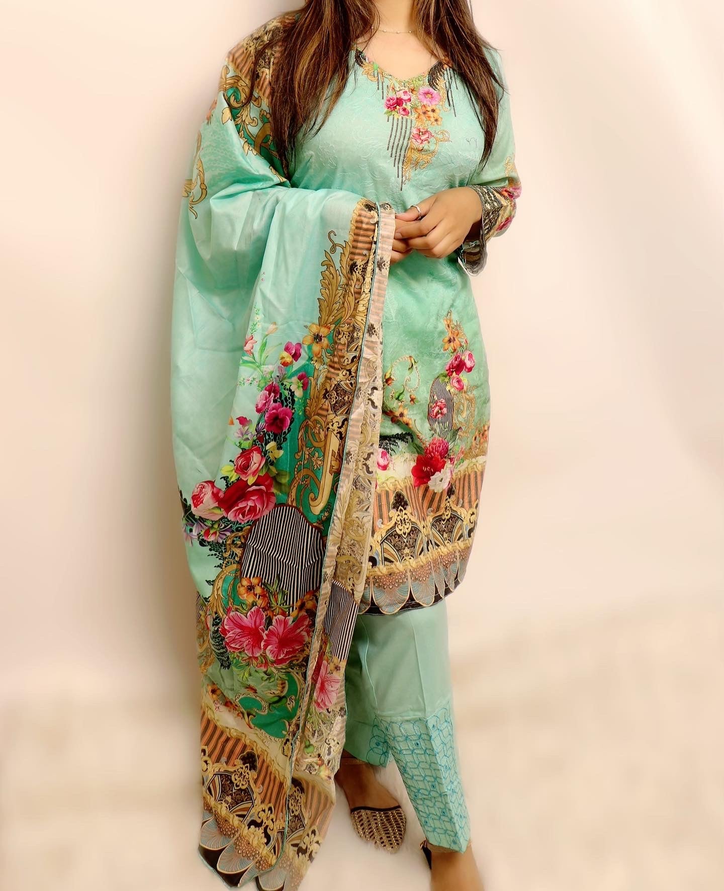 Mint blue embroidered lawn suit