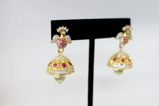 Peacock gold and magenta jumka earrings