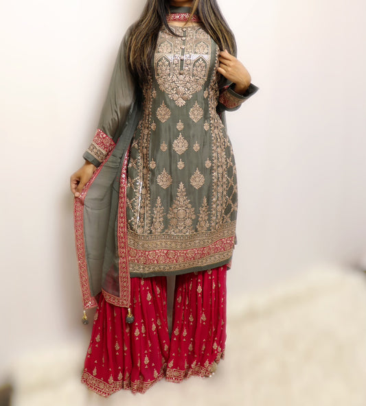 Olive magenta gharara suit