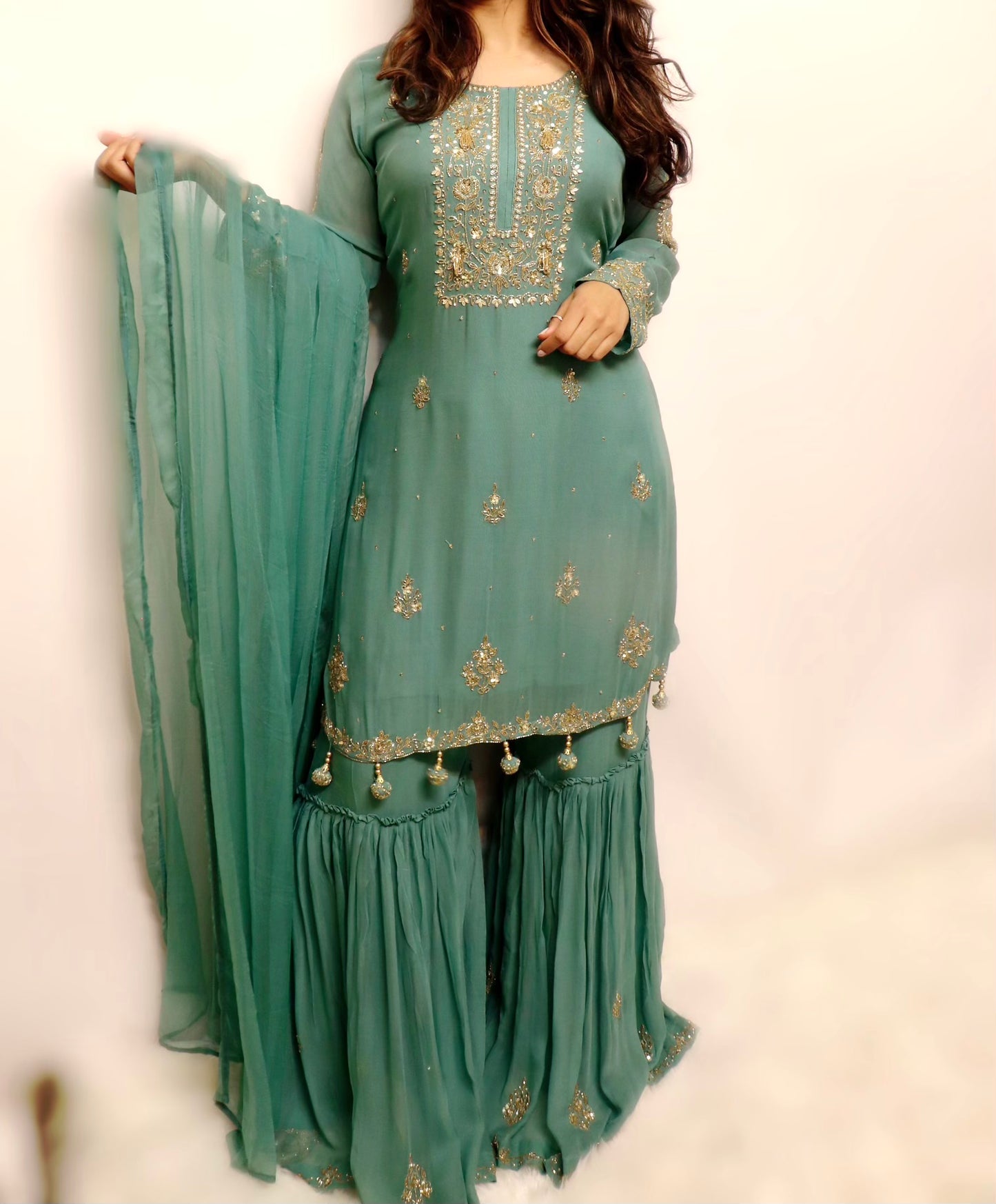 Light sea blue green sharara suit