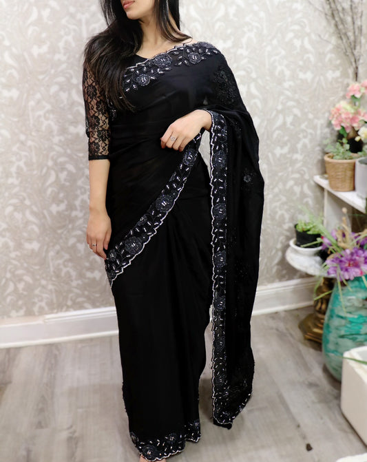 Black silk floral boutique crystal work saree