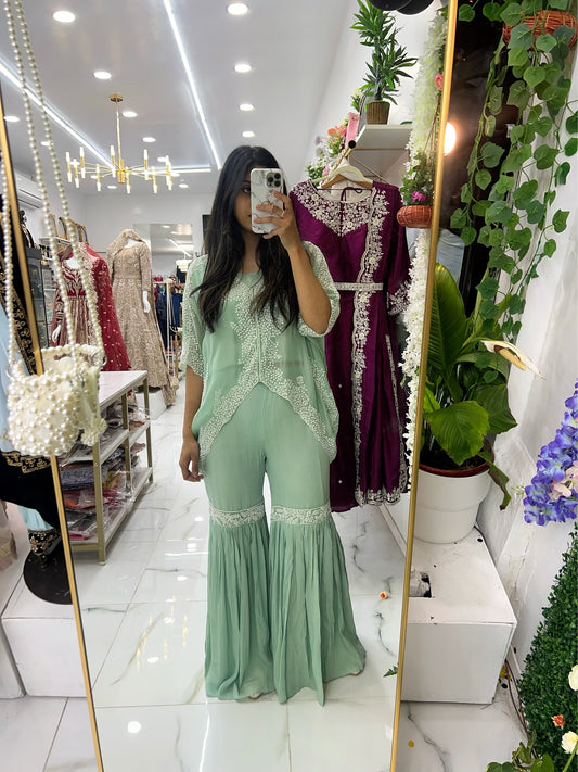 Mint organza cape gharara suit