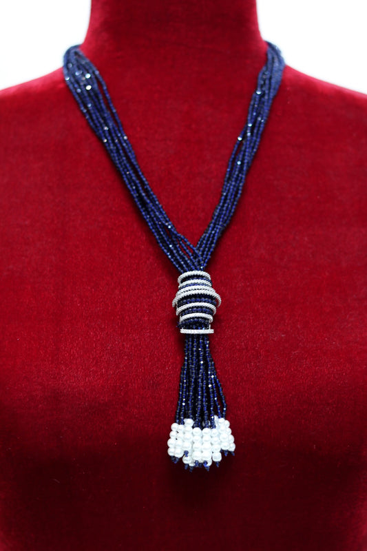 Navy blue beaded silver tone long necklace
