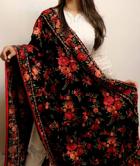 Heavy embroidered floral shawl in velvet