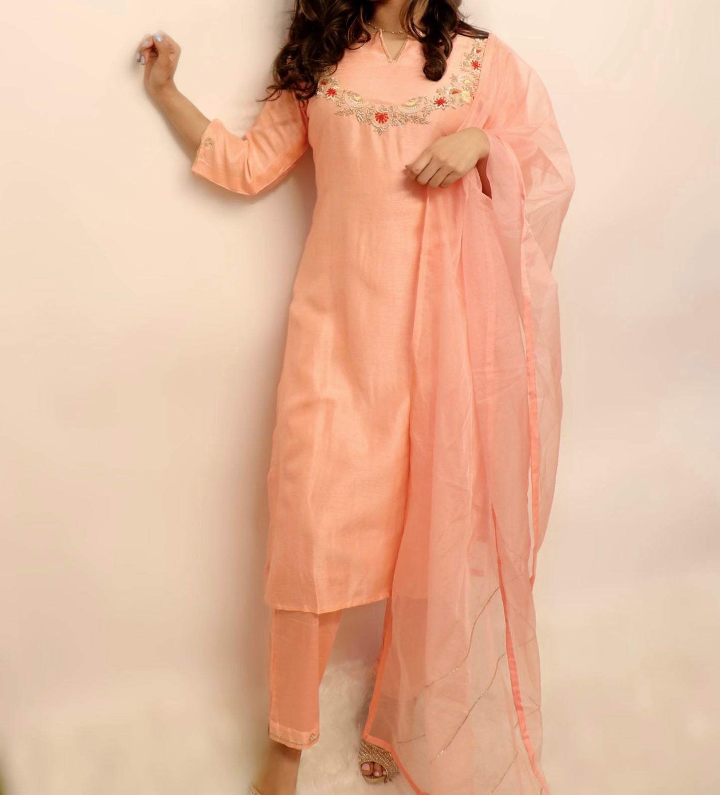 Soft silk pink suit with organza duppata