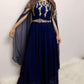 Navy blue flared sleeve one piece belted gown