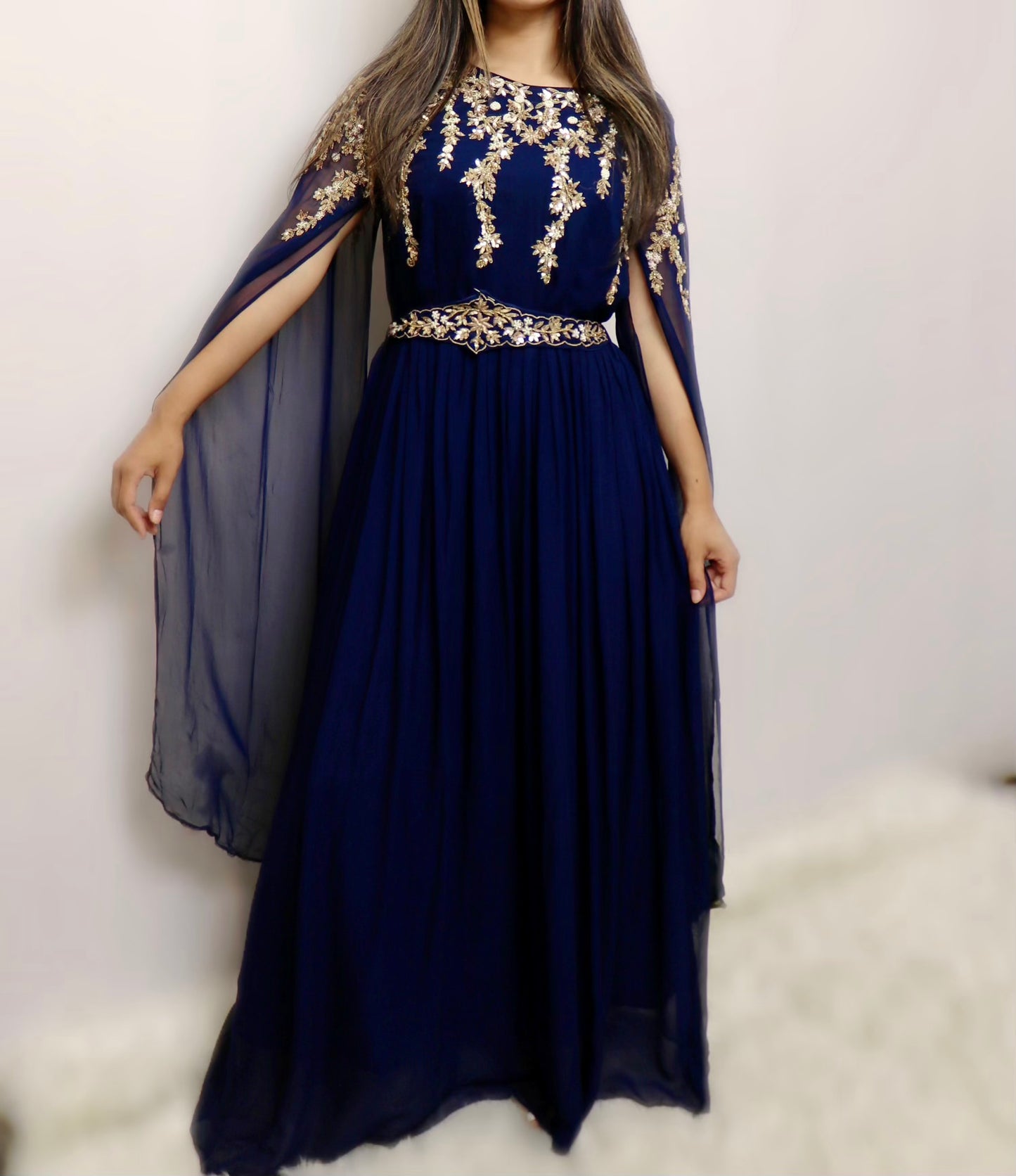 Navy blue flared sleeve one piece belted gown