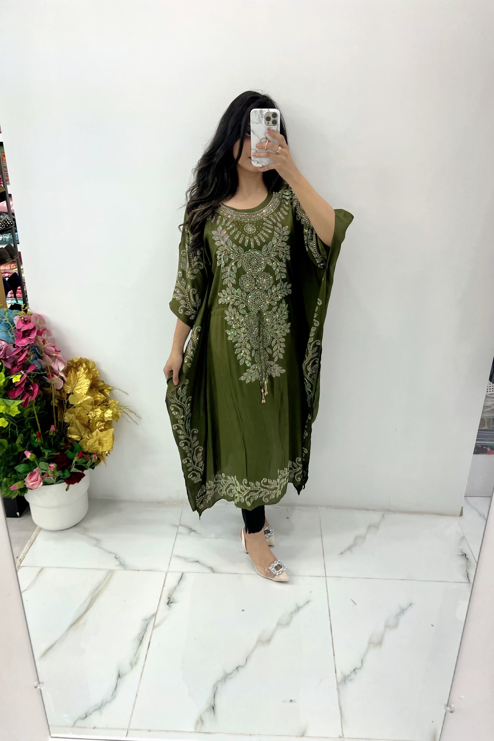 Olive green stone work kaftan Selina Habibti Attire Olive green stone work kaftan Selina Habibti Attire