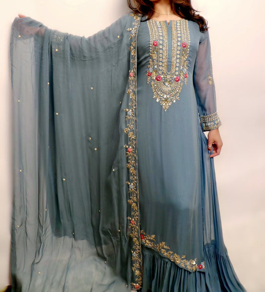 Light blue chiffon double layer suit