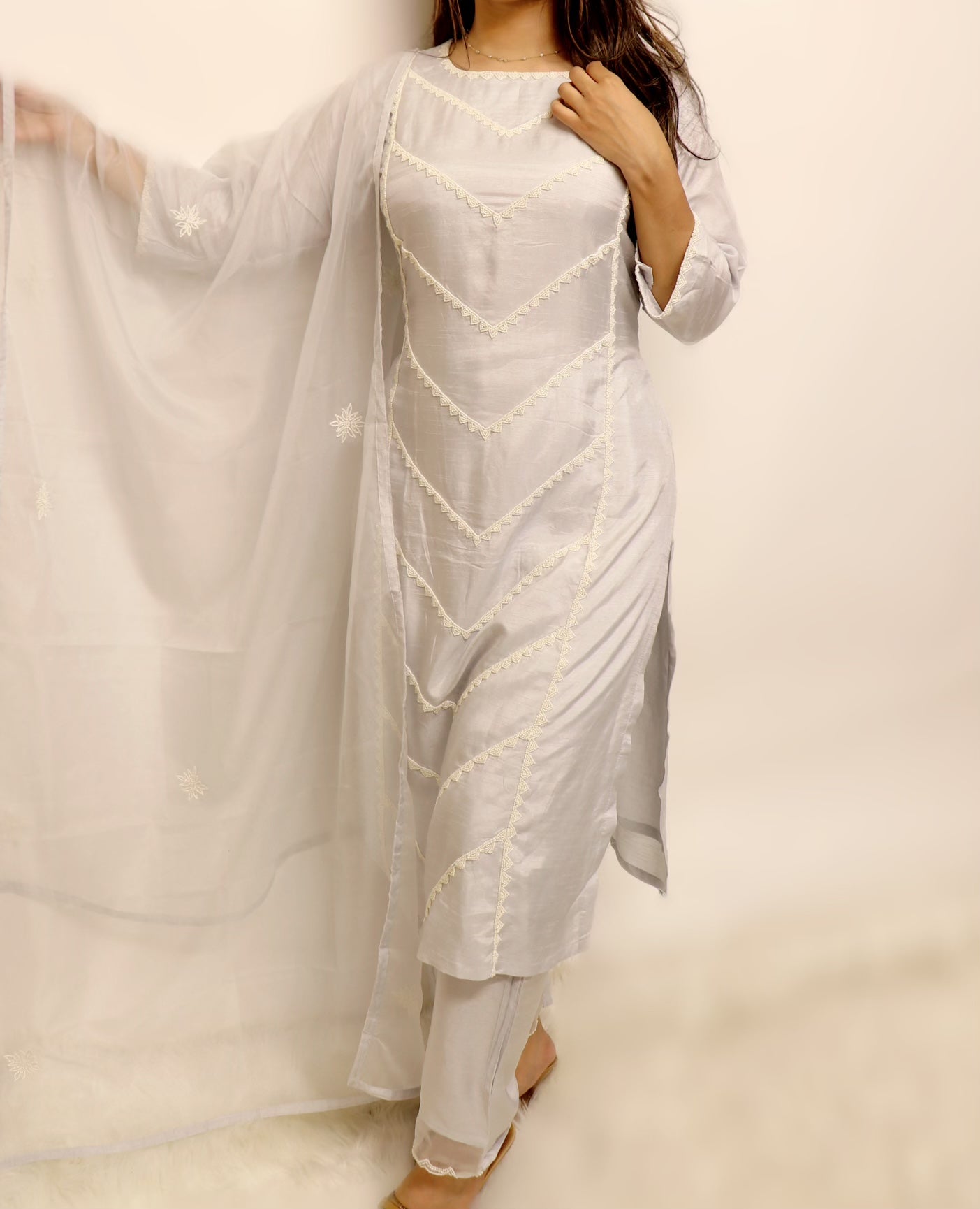 Silk light silver grey organza suit