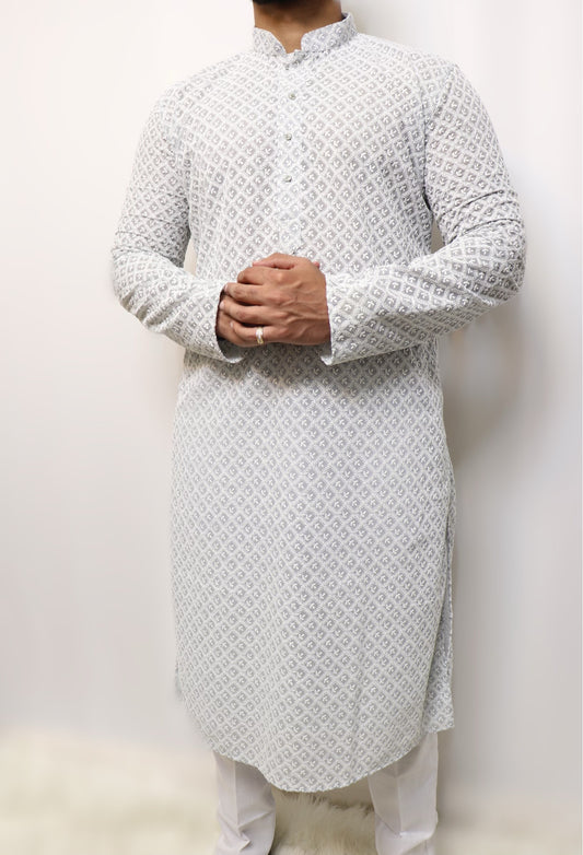 Light grey kurta set with white embroidered work