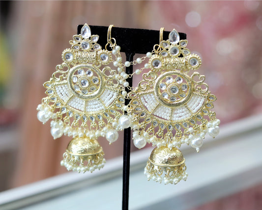 White pearl large jumka earrings with chain