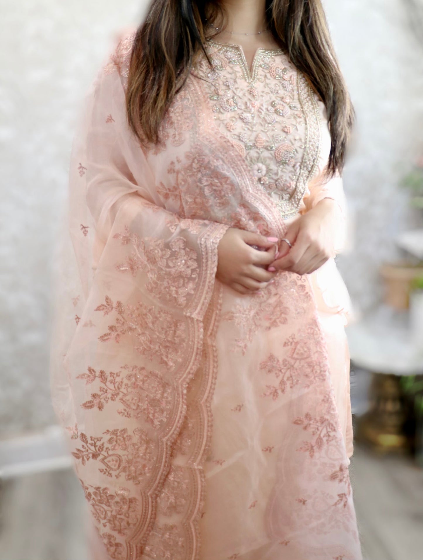 Heavy duppata peach three piece