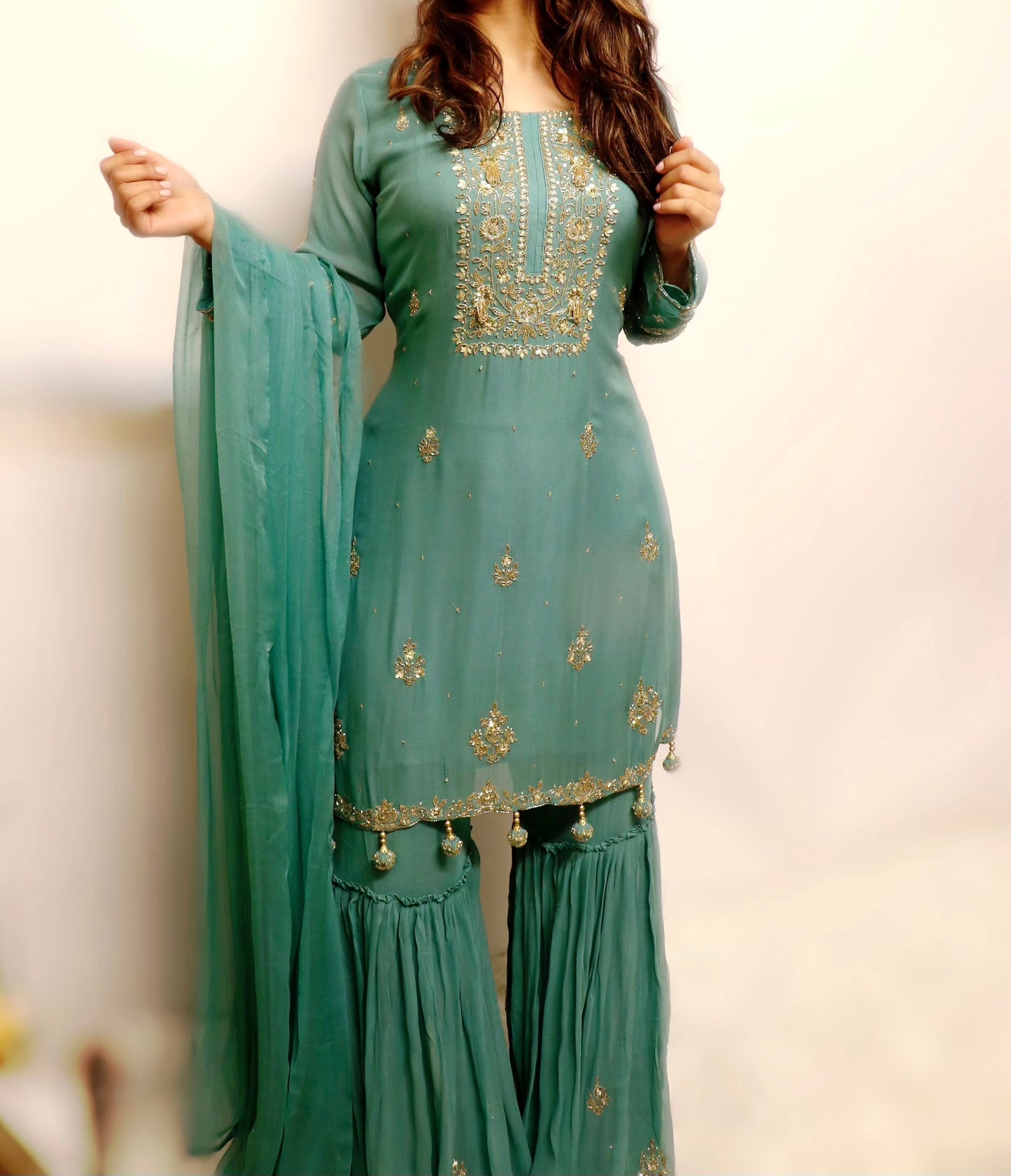 Light sea blue green sharara suit