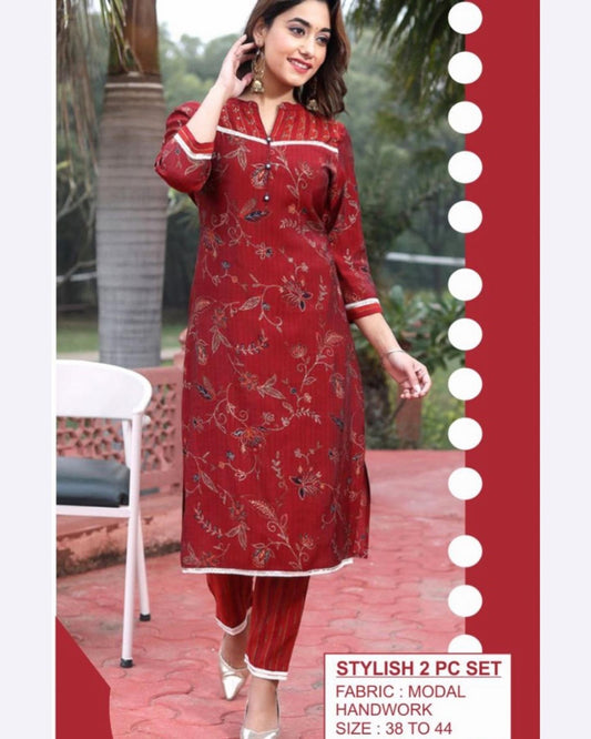 Red muslin two piece kurti set