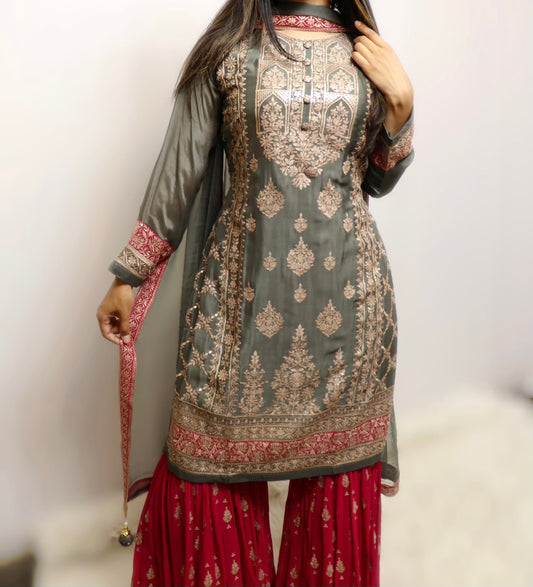 Olive magenta gharara suit