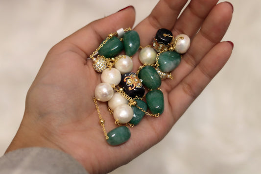 Emerald marble 18k gold long chain