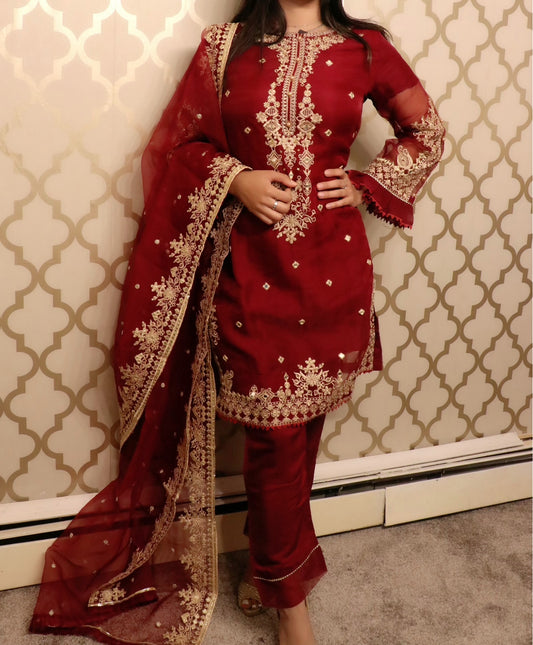 Burgundy organza party wear suit