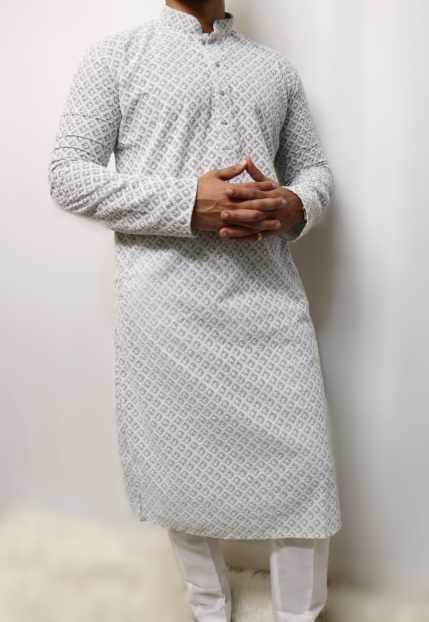 Light grey kurta set with white embroidered work